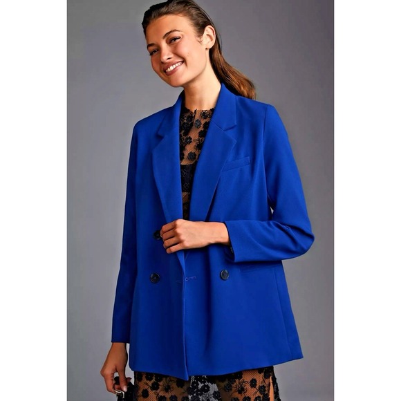 Anthropologie Maeve Double Breasted Blazer 6 Royal Blue Jacket Coat Oversized - Picture 1 of 9